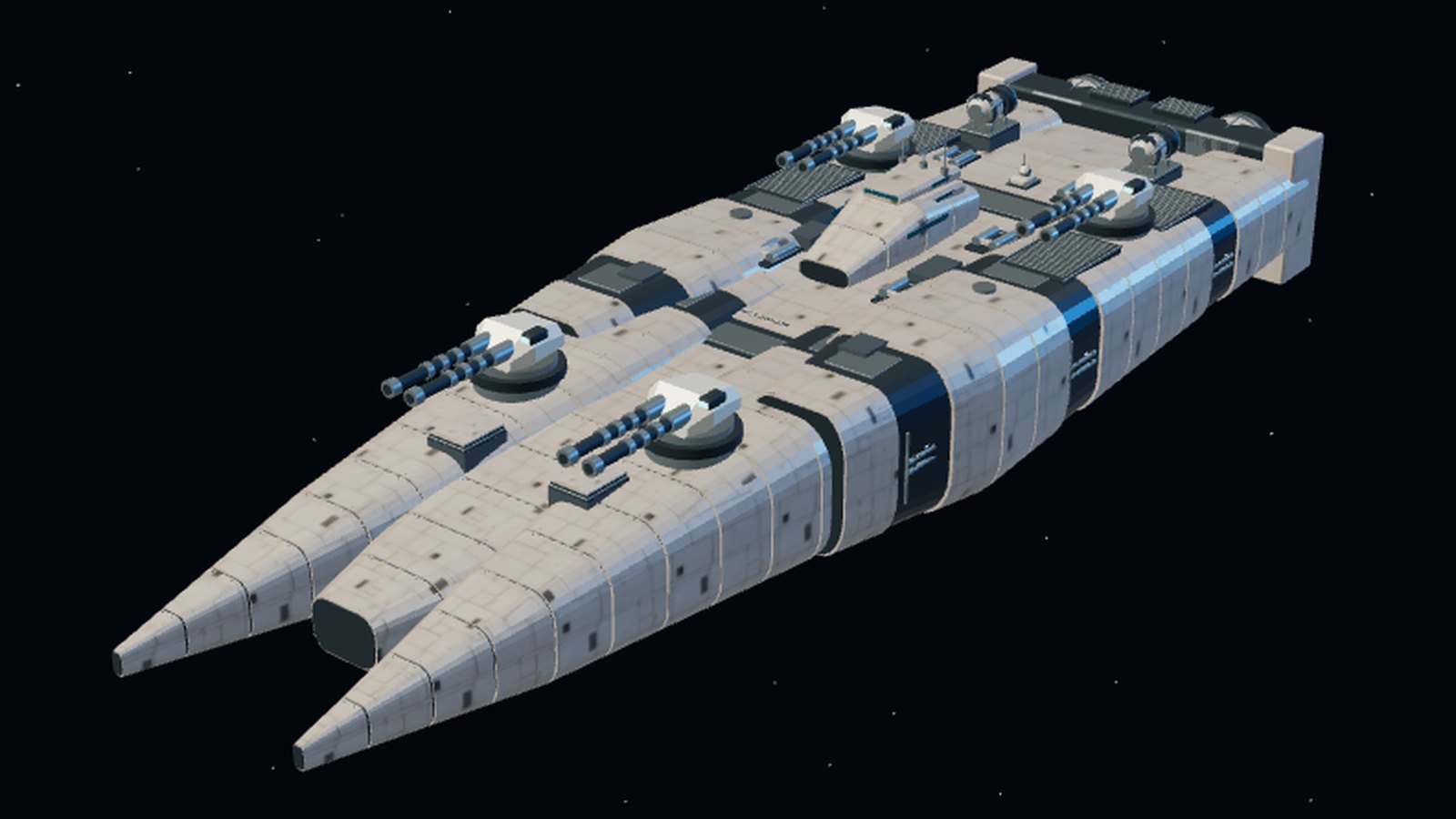 A twin-hulled battlecruiser bristling with turrets