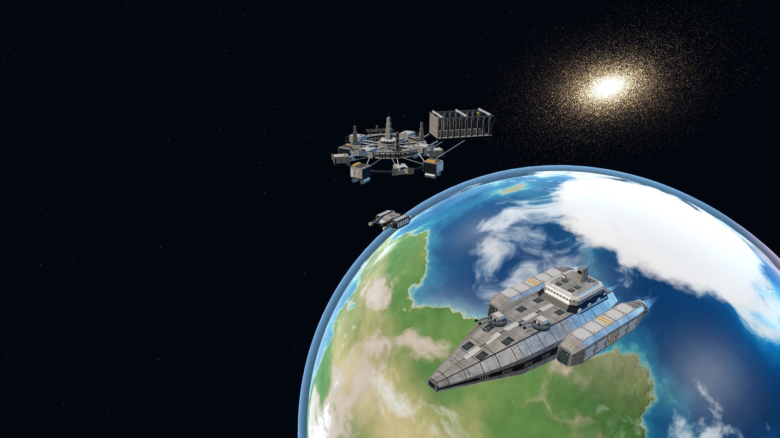 A battlecruiser and an orbital station above a blue and green planet